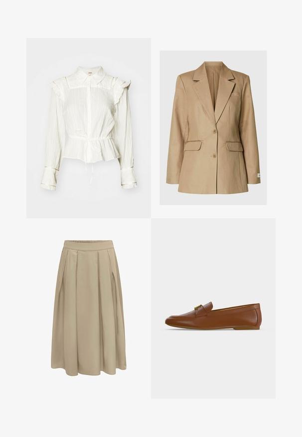 Beige blazer met enkele rij knopen, met ingesneden revers, twee klepzakken aan de voorkant, een borstzak met bies, en twee knopen middenvoor.; Witte blouse met lange mouwen, rimpeldetails op de schouders, een knoopsluiting aan de voorkant, een peplum taille en strikdetail. Beschikt over een textuur, licht gekreukt stof.; Beige geplooide midi rok met een aansluitende tailleband en vloeiende stof die tot halverwege de kuit reikt.; Bruine leren loafer met een gouden gespdetail en lage platte hak, getoond in zijaanzicht op een effen lichte achtergrond.