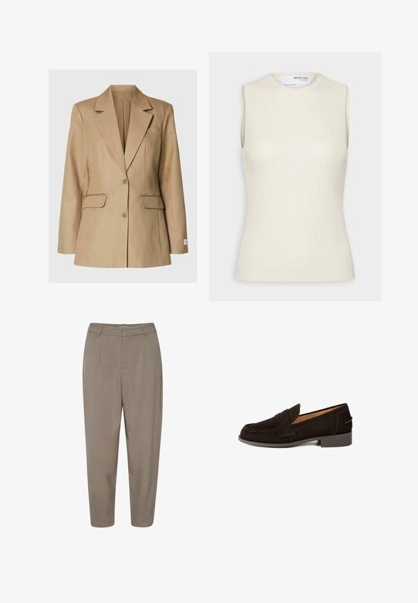 Blazer beige à simple boutonnage avec revers crantés, deux poches à rabat à l'avant, une poche poitrine passepoilée et deux boutons au centre.; Selected Knitted Sleeveless - Débardeur - birch; Pantalons en brun clair, effilés, avec une finition lisse, dotés de plis avant, de poches latérales et d'une taille standard.; Mocassin en daim marron avec un bout arrondi, une lanière décorative de type penny, des détails cousus et un petit talon en caoutchouc texturé.