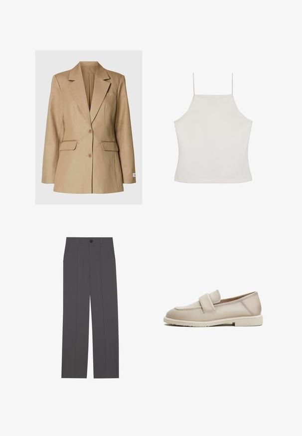 Beige enkeltbreasted blazer med hakerevers, to forlommer med klap, brystlomme med rev og to knapper midt foran.; Hvid ærmeløs crop top med tynde stropper og diskret "cK"-logo broderet på brystet, ensfarvet baggrund.; Grå bukser med lige ben design, der har to side lommer og en knaplukning. Glat stof uden synlige mønstre eller detaljer.; Beige læder loafers med en jævn tekstur, der har et forhøjet bånd over forgabreren og en lav, flad gummisål.