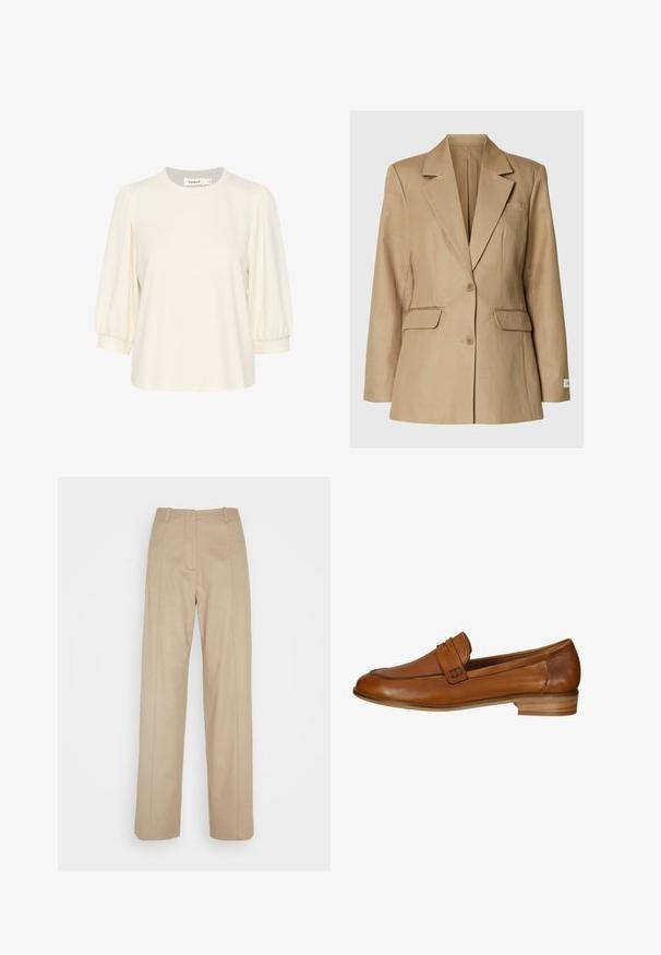 Blazer beige de un solo pecho con solapas con muesca, dos bolsillos delanteros con solapa, bolsillo de ojal en el pecho y dos botones en el centro.; Top color crema con mangas cortas y abullonadas, cuello redondo y un corte relajado. Fabricado en un material suave, ideal para el uso diario.; Calvin Klein TAILORED STRAIGHT PANT - Pantalones - cinder; Mocasín de cuero marrón con punta redondeada, acento de tira decorativa y un pequeño tacón apilado. Textura suave con un mínimo detalle de costura.