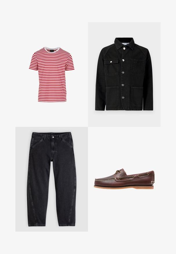 Schwarze Jeansjacke mit Kragen, Druckknöpfen, zwei Brusttaschen vorne und zwei aufgesetzten unteren Taschen. Glatte Textur und strukturierte Passform.; Rot-weiß gestreiftes Kurzarm-T-Shirt mit Rundhalsausschnitt, aus einem Stoff mit glatter Textur gefertigt. Es hat gleichmäßige horizontale Streifen.; Schwarze Jeans aus Denim mit lockerem Schnitt, ausgestattet mit einem normalen Bund, einem Fünf-Taschen-Design und Kontrastnähten entlang der Nähte.; Brauner Leder-Bootsschuh mit weißen Nähten, Schnürdetails und hellbrauner Gummisohle, seitlich auf weißem Hintergrund gezeigt.