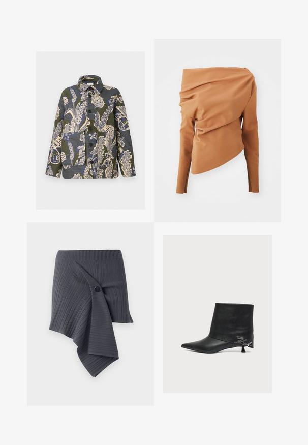 Jakke med knapper foran med grøn, blå og beige botanisk tryk, med store forlommer og krave.; A.W.A.K.E. MODE OFF SHOUDER ASYMMETRIC LONGSLEEVE - Bluse - ginger; Mørkegrå ribbet omslagsskjørt med et snoet design og en rund sort knapaccent. Fremstillet af et struktureret, strækbart materiale.; Sort læder ankelstøvle med spidst tå, lav kittenhæle og metallisk "Karl" signaturdetalje nær hælen på en ensfarvet baggrund.