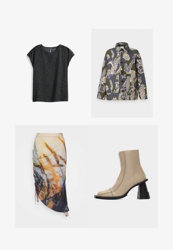 Jas met knopen, met een groen, blauw en beige botanische print, met grote voorzakken en een kraag.; Donkere blouse met een patroon, voorzien van een ronde halslijn, korte mouwen en een subtiele textuur met een abstract ontwerp in tinten groen en grijs.; Materiel DIAGONAL GATHERED SKIRT - Kokerrok - golden hour; Beige leren enkellaars met vierkante neus, zichtbare stiksels en een stevige zwarte gevormde blokhak op een witte achtergrond.