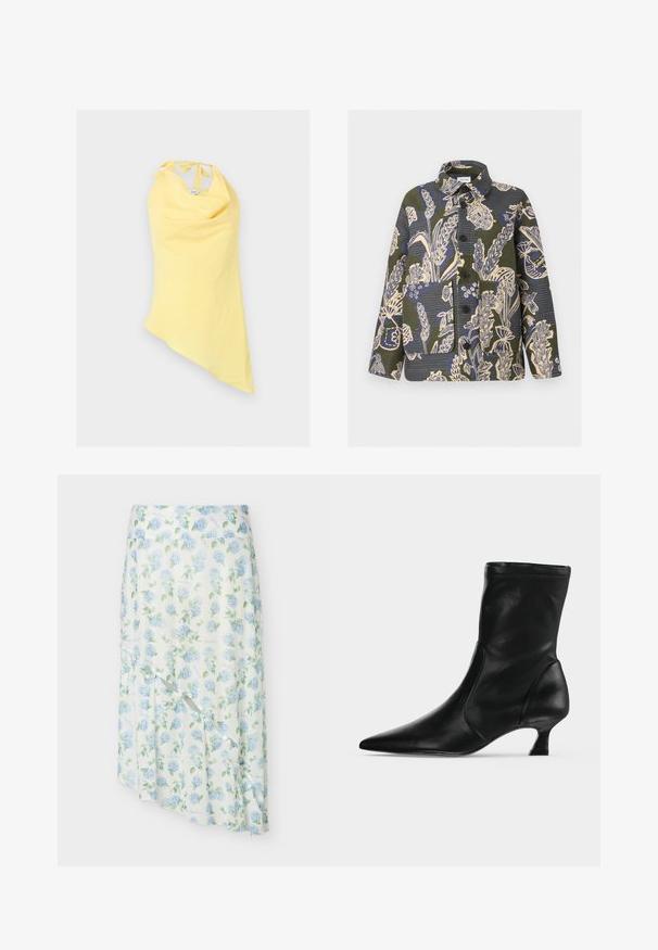 Jas met knopen, met een groen, blauw en beige botanische print, met grote voorzakken en een kraag.; Mouwloos geel haltertopje met asymmetrische zoom en strikjes bij de hals, weergegeven op een witte achtergrond.; Witte midirok met blauwe hortensia bloemenprint, wikkelontwerp en asymmetrische zoom tegen effen achtergrond.; Zwarte leren midkuitlaars met spitse neus en lage kittenhak, zijaanzicht op een effen lichte achtergrond.