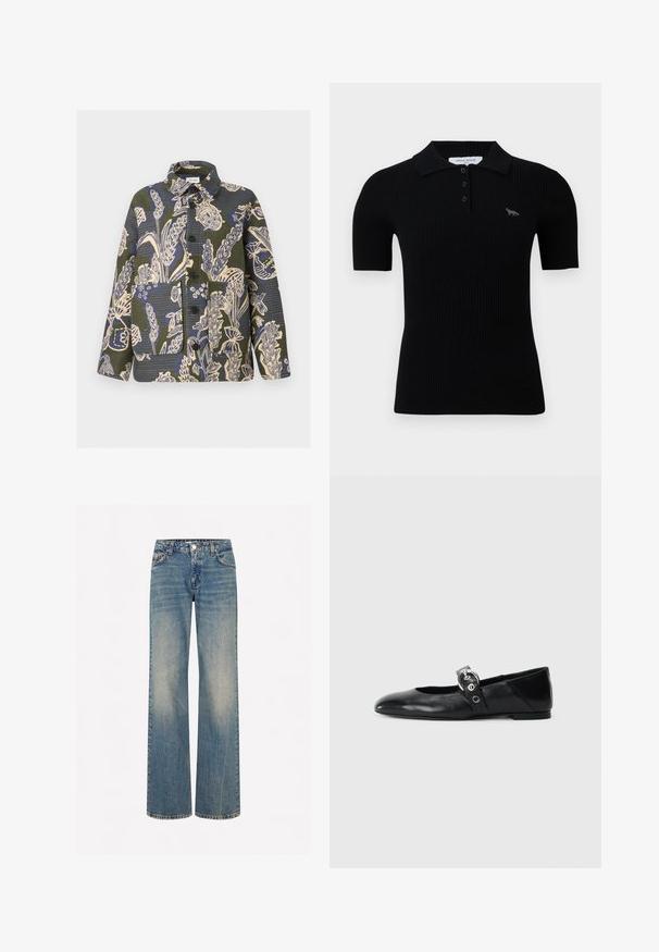 Chaqueta con botones con estampado botánico en verde, azul y beige, con grandes bolsillos frontales y cuello.; Polo negro de canalé con un cuello clásico, tres botones en la parte frontal y un pequeño diseño bordado en el lado izquierdo del pecho.; Jeans de mezclilla anchos en un azul claro, con una textura deslavada, cinco bolsillos, cierre de botón y costuras de contraste a lo largo de las costuras.; Mocasines de ballet de cuero negro con punta afilada, que cuentan con una correa con un cinturón metálico circular y una suela plana.