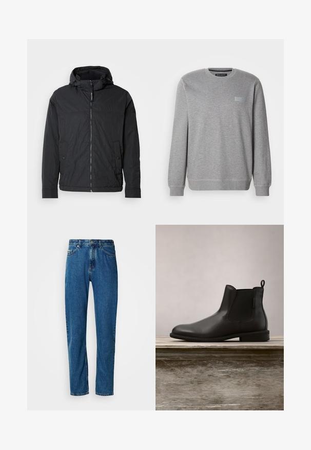 Sort hættetrøjejakke lavet af let, tekstureret stof. Har lynlås, to forlommer og elastiske manchetter. Enkel design.; Grå sweatshirt med rund hals, lange ærmer og ribstrikkede manchetter. Klassisk design med en lille rektangulær logo-patch foran.; Blå lige ben denim jeans med fem lommer og frontlukning med knap på en hvid baggrund.; Sorte læder ankelstøvler med glat tekstur, rund tå, elastiske sidepaneler og en trækflap, placeret på en træoverflade.