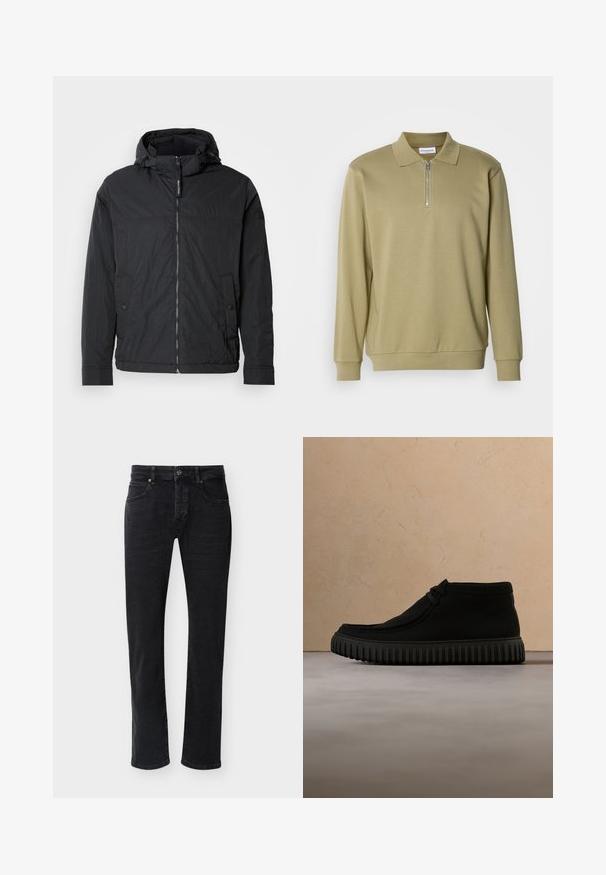 Veste noire à capuche en tissu léger et texturé. Elle possède une fermeture éclair, deux poches avant et des poignets élastiques. Design simple.; Polo-shirt à manches longues kaki avec un col zippé, en tissu doux, présentant un col classique et des poignets côtelés.; Jean noir à coupe droite avec poches avant, passants pour ceinture, fermeture par bouton et coutures visibles sur un fond blanc uni.; Bottes de cheville noires en matériau doux, avec un bout rond, un lacet minimal, et une semelle en caoutchouc texturée comportant des rainures verticales.