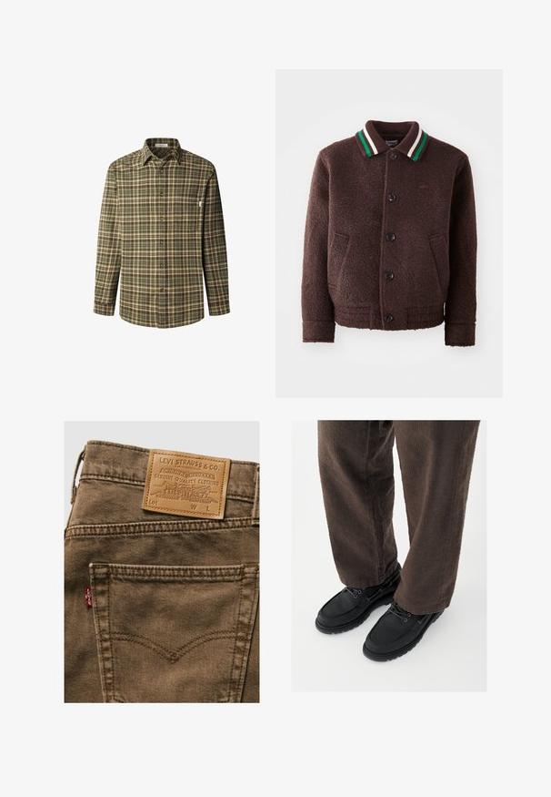 Chaqueta de mezcla de lana marrón con cierre de botón, dos bolsillos delanteros y un cuello acanalado con rayas verdes y blancas. Tejido suave y texturizado.; Camisa abotonada en patrón de cuadros en verde y marrón, de mangas largas, con cuello, bolsillo en el pecho, fabricada en un tejido de algodón texturizado y con botones marrones.; Vaqueros de mezclilla marrones Levi's que muestran el bolsillo trasero, la etiqueta roja de Levi's y el parche de cuero marrón con el logo y texto en la cintura.; Zapatos de cuero negro con un acabado liso, punta redondeada y diseño con cordones, combinados con pantalones marrones texturizados. Vista desde abajo.