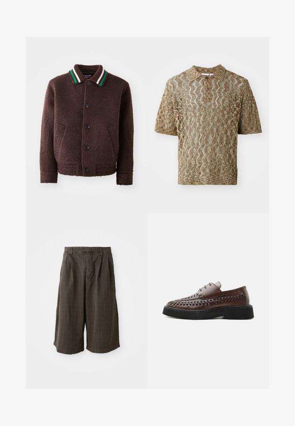Chaqueta de mezcla de lana marrón con cierre de botón, dos bolsillos delanteros y un cuello acanalado con rayas verdes y blancas. Tejido suave y texturizado.; Polo de manga corta en un tejido texturizado color beige con patrones ondulados. Cuenta con un cuello y un botón marrón en el cuello.; Pantalones cortos a rayas marrones con un corte holgado. Hechos de una tela ligera, presentan pliegues y dobladillo enrollado para un detalle adicional.; Zapato marrón de cuero con cordones, con detalles tejidos a los lados y una gruesa suela de plataforma negra, mostrado de perfil sobre fondo blanco.