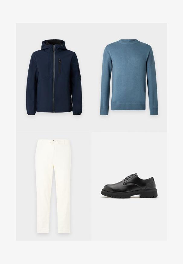 Marineblauwe softshell jacket met een rits aan de voorkant, verstelbare capuchon, zijzakken en elastische manchetten. Gladde textuur met een gestroomlijnd ontwerp.; Blauwe crewneck lange mouwen gebreide trui met geribde manchetten, kraag en zoom, weergegeven tegen een effen witte achtergrond.; Witte, lichtgewicht linnen broeken met een tailleband met trekkoord. Rechte pijpen, minimale textuur en geen zichtbare patronen of hardware details.; Zwarte leren schoenen met een ronde neus, vetersluiting en een dikke, gestructureerde rubberen zool. Kenmerken zijn stiksels langs de rand en een gladde afwerking.