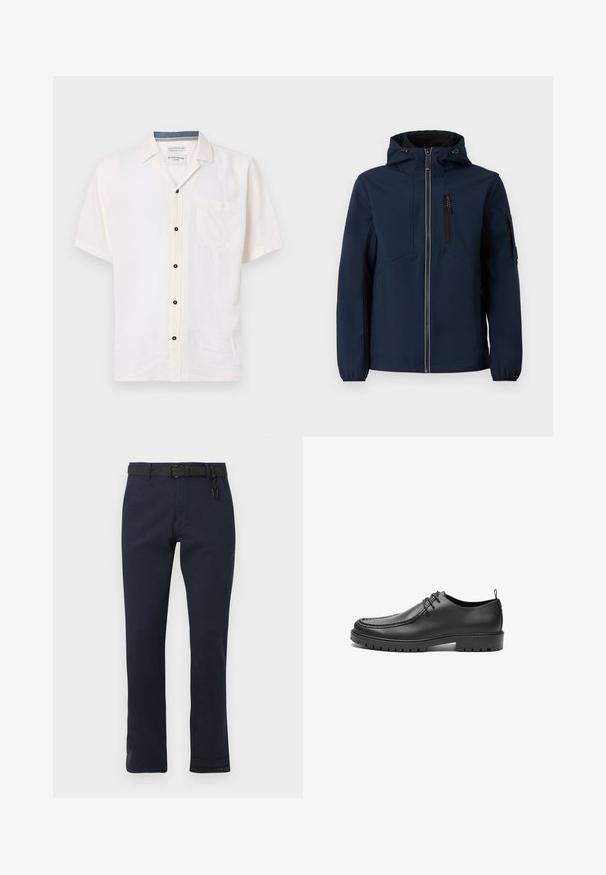 Marineblå softshell-jakke med lynlås foran, justerbar hætte, sidelommer og elastiske manchetter. Glat tekstur med strømlinet design.; Kortærmet skjorte lavet af let stof, i off-white, med en brystlomme og sorte knapper langs fronten.; Mørkeblå bukser med lige snit, konstrueret af slidstærkt stof. Har et sort bælte og et enkelt design uden mønstre.; Sorte lædersko med en glat overflade, rund tå og dekorativ stikning. Har en gummisål med skridsikre spor og snørebåndsdesign.