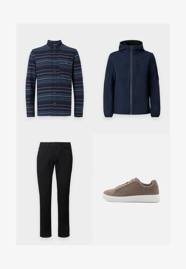 Marineblå softshell-jakke med lynlås foran, justerbar hætte, sidelommer og elastiske manchetter. Glat tekstur med strømlinet design.; Langærmet skjorte med knapper, der har en marineblå baggrund med varierende blå vandrette striber, en krave og en brystlomme. Blød tekstur.; TOM TAILOR TTJOSH REGULAR SLIM FIT - Jeans Tapered Fit - black denim; Brune ruskinds sneakers med flade hvide gummisåler, snørelukning, rund tå og en glat overflade. Minimalistisk stil med diskrete syninger.