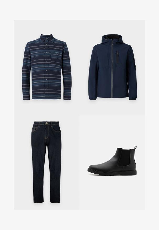 Navyblaue Softshell-Jacke mit Reißverschluss vorne, verstellbarem Kapuzenbereich, seitlichen Taschen und elastischen Bündchen. Glatte Textur mit stromlinienförmigem Design.; Langärmliges Hemd mit Knopfleiste in Navy mit unterschiedlichen blauen horizontalen Streifen, einem Kragen und einer Brusttasche. Weicher Stoff.; TOM TAILOR TTJOSH REGULAR SLIM FIT - Jeans Straight Leg - rinsed blue denim; Schwarze Leder-Chelsea-Stiefel mit elastischen Seitenpaneelen, einem Zugband und einer robusten Gummisohle. Glatte Textur und elegantes Design.