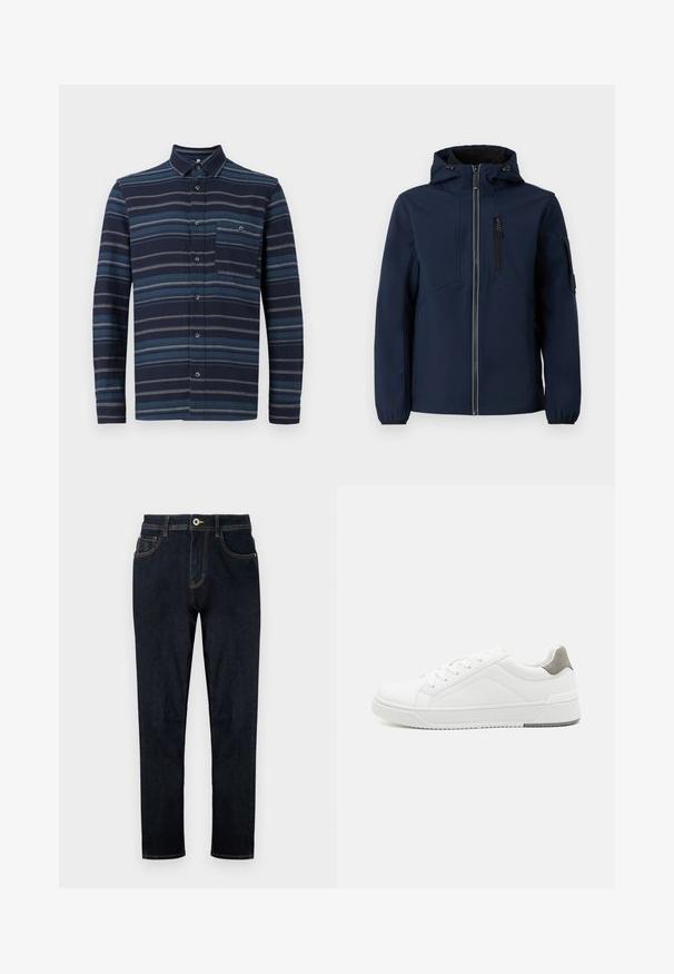 Marineblå softshell-jakke med lynlås foran, justerbar hætte, sidelommer og elastiske manchetter. Glat tekstur med strømlinet design.; Langærmet skjorte med knapper, der har en marineblå baggrund med varierende blå vandrette striber, en krave og en brystlomme. Blød tekstur.; TOM TAILOR TTJOSH REGULAR SLIM FIT - Jeans Straight Leg - rinsed blue denim; Hvid sneaker lavet af glat læder, rund tå, minimalistisk design, grå hælafsats og tekstureret gummisål.