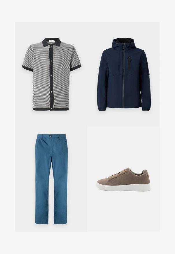 Marineblå softshell-jakke med lynlås foran, justerbar hætte, sidelommer og elastiske manchetter. Glat tekstur med strømlinet design.; Kortærmet polo shirt i sort og hvid stribet strikstof, med en sort krave og frontknaplukning med sølvhardware.; TOM TAILOR REGULAR WASHED - Chino - real teal blue; Brune ruskinds sneakers med flade hvide gummisåler, snørelukning, rund tå og en glat overflade. Minimalistisk stil med diskrete syninger.