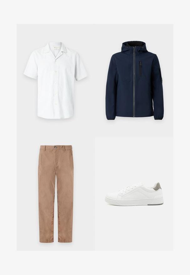 Marineblå softshell-jakke med lynlås foran, justerbar hætte, sidelommer og elastiske manchetter. Glat tekstur med strømlinet design.; Kortærmet, lysegrå knappeskjorte lavet af en blanding af hør med en camp krave og seks knapper ned foran, blød tekstur.; TOM TAILOR REGULAR WASHED - Chino - caribou beige; Hvid sneaker lavet af glat læder, rund tå, minimalistisk design, grå hælafsats og tekstureret gummisål.