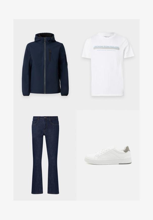 Marineblå softshell-jakke med lynlås foran, justerbar hætte, sidelommer og elastiske manchetter. Glat tekstur med strømlinet design.; Hvid bomulds T-shirt med rund halsudskæring, korte ærmer og et blåt grafisk tekstdesign, der siger "DENIM TOM TAILOR etableret 2007."; Mørkeblå denim flare jeans med mellemhøj talje, fem lommer og kontrastsyninger. Glat tekstur med minimal slid.; Hvid sneaker lavet af glat læder, rund tå, minimalistisk design, grå hælafsats og tekstureret gummisål.