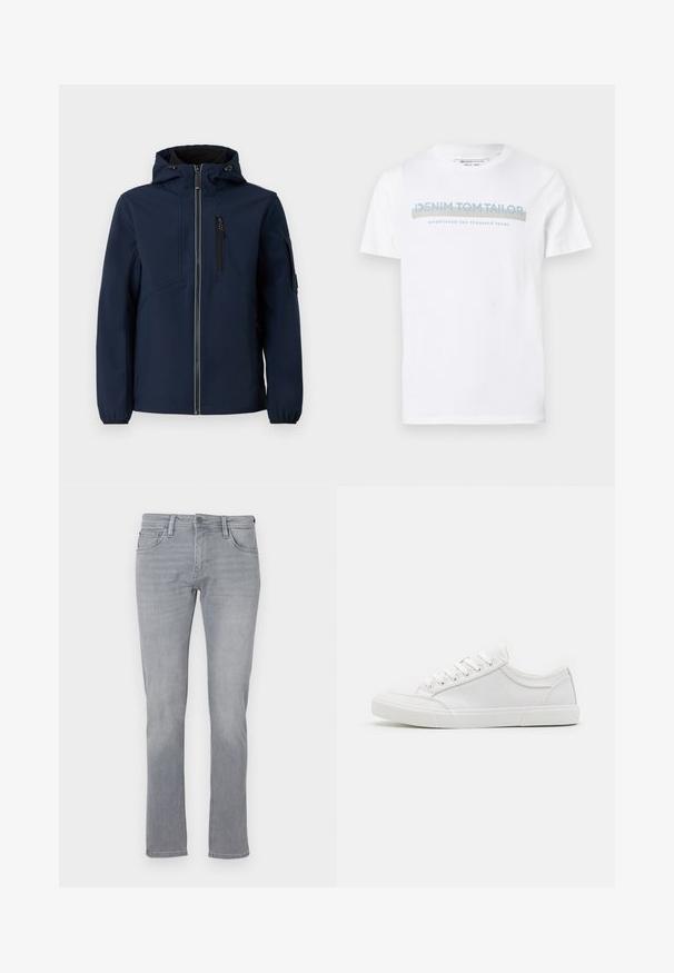 Marineblå softshell-jakke med lynlås foran, justerbar hætte, sidelommer og elastiske manchetter. Glat tekstur med strømlinet design.; Hvid bomulds T-shirt med rund halsudskæring, korte ærmer og et blåt grafisk tekstdesign, der siger "DENIM TOM TAILOR etableret 2007."; Grå denim jeans med lige ben, der har en frontknap og lynlås lukning, fem lommer og subtil falming over det hele.; Hvide sneakers med en glat læderoverdel, rund tå, flad gummisål og seks øjestik til snørebånd. Subtile syninger og minimalistisk design.