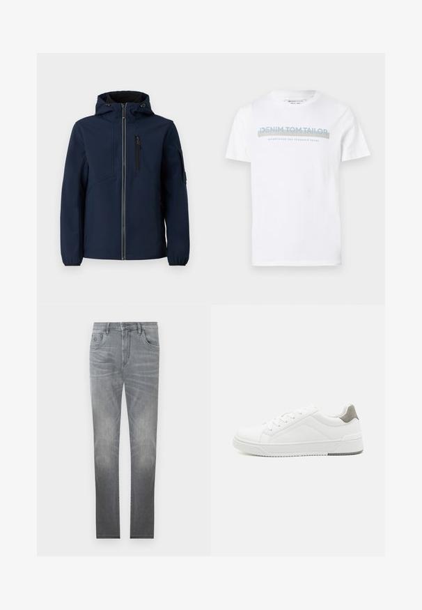 Marineblå softshell-jakke med lynlås foran, justerbar hætte, sidelommer og elastiske manchetter. Glat tekstur med strømlinet design.; Hvid bomulds T-shirt med rund halsudskæring, korte ærmer og et blåt grafisk tekstdesign, der siger "DENIM TOM TAILOR etableret 2007."; Grå denim jeans med et falmet design, fem-lommer stil, knaplukning og lige ben. Glat tekstur med let slid ved kanterne.; Hvid sneaker lavet af glat læder, rund tå, minimalistisk design, grå hælafsats og tekstureret gummisål.