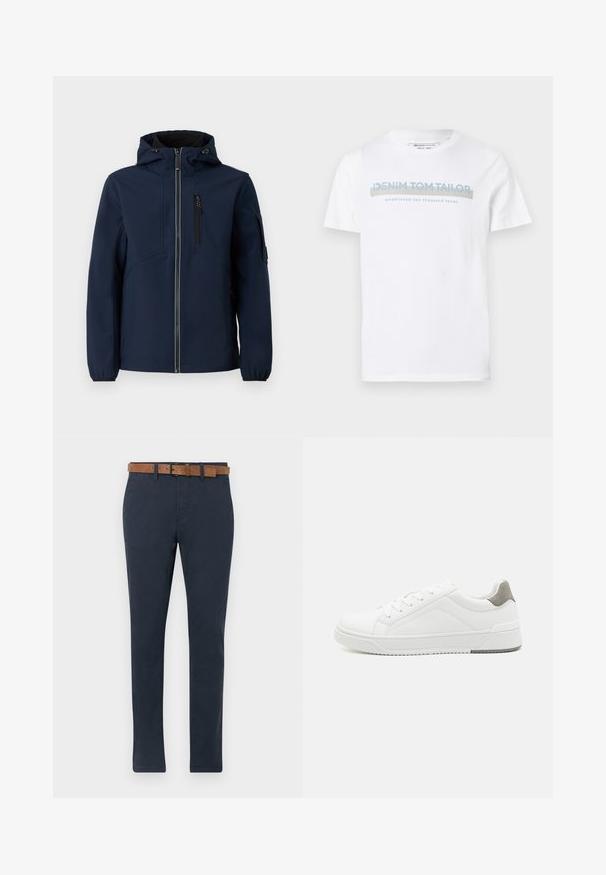 Marineblå softshell-jakke med lynlås foran, justerbar hætte, sidelommer og elastiske manchetter. Glat tekstur med strømlinet design.; Hvid bomulds T-shirt med rund halsudskæring, korte ærmer og et blåt grafisk tekstdesign, der siger "DENIM TOM TAILOR etableret 2007."; Mørkeblå chinos lavet af bomuld med en glat tekstur. Har et brunt ruskindsbælte med spænde og lige ben-design.; Hvid sneaker lavet af glat læder, rund tå, minimalistisk design, grå hælafsats og tekstureret gummisål.