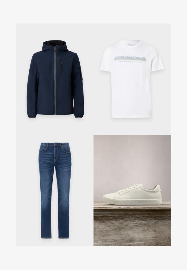 Marineblauwe softshell jacket met een rits aan de voorkant, verstelbare capuchon, zijzakken en elastische manchetten. Gladde textuur met een gestroomlijnd ontwerp.; Witte katoenen T-shirt met een ronde hals, korte mouwen en een blauw grafisch tekstontwerp met de tekst "DENIM TOM TAILOR opgericht 2007."; Donkerblauwe denim jeans met een klassieke rechte pasvorm, vijfzakkenontwerp en lichte vervaging details op de benen. Voorzien van een knoop- en ritssluiting.; Witte vetersneaker die boven een houten bank zweeft met groene bladeren op de achtergrond, waarbij het ontwerp en de textuur van de schoen worden getoond.