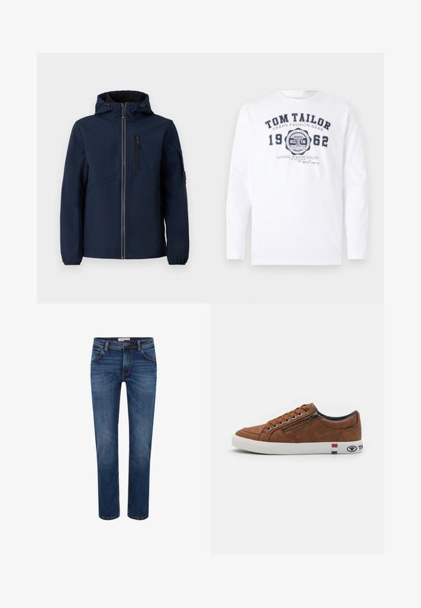 Chaqueta softshell azul marino con cierre frontal de cremallera, capucha ajustable, bolsillos laterales y puños elásticos. Textura suave con un diseño aerodinámico.; TOM TAILOR Camiseta de manga larga - white; Vaqueros de mezclilla en azul oscuro con un diseño de pierna recta, estilo de cinco bolsillos y costura en contraste. Cintura estándar con cierre de botón.; Zapatilla de cuero marrón con suela de goma blanca, cordones en la parte delantera, cremallera lateral y acentos de logo en rojo, blanco y azul en el talón.