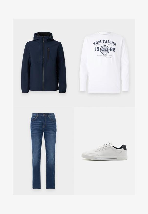 Marineblauwe softshell jacket met een rits aan de voorkant, verstelbare capuchon, zijzakken en elastische manchetten. Gladde textuur met een gestroomlijnd ontwerp.; TOM TAILOR Longsleeve - white; Donkerblauwe denim jeans met een klassieke rechte pasvorm, vijfzakkenontwerp en lichte vervaging details op de benen. Voorzien van een knoop- en ritssluiting.; Witte sneakers met een glad synthetisch bovenwerk, ronde neus, vetersluiting, marineblauwe accenten op de hiel en een gestructureerde rubberen zool met een zwarte streep.