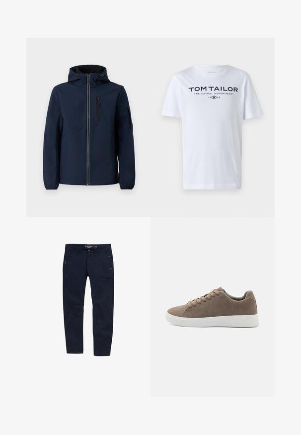 Navyblaue Softshell-Jacke mit Reißverschluss vorne, verstellbarem Kapuzenbereich, seitlichen Taschen und elastischen Bündchen. Glatte Textur mit stromlinienförmigem Design.; Weißes Baumwoll-T-Shirt mit Rundhalsausschnitt, kurzen Ärmeln und navyfarbener Schrift, die "TOM TAILOR THE CASUAL DEPARTMENT 1962" lautet.; Marineblaue Baumwollhose mit geradem Schnitt. Verfügt über zwei Seitentaschen und einen Knopfverschluss. Minimalistisches Design mit dezenten Akzenten.; Braune Wildledersneaker mit flachen weißen Gummisohlen, Schnürdesign, abgerundete Zehen und einer glatten Textur. Minimalistischer Stil mit dezenten Nähdetails.