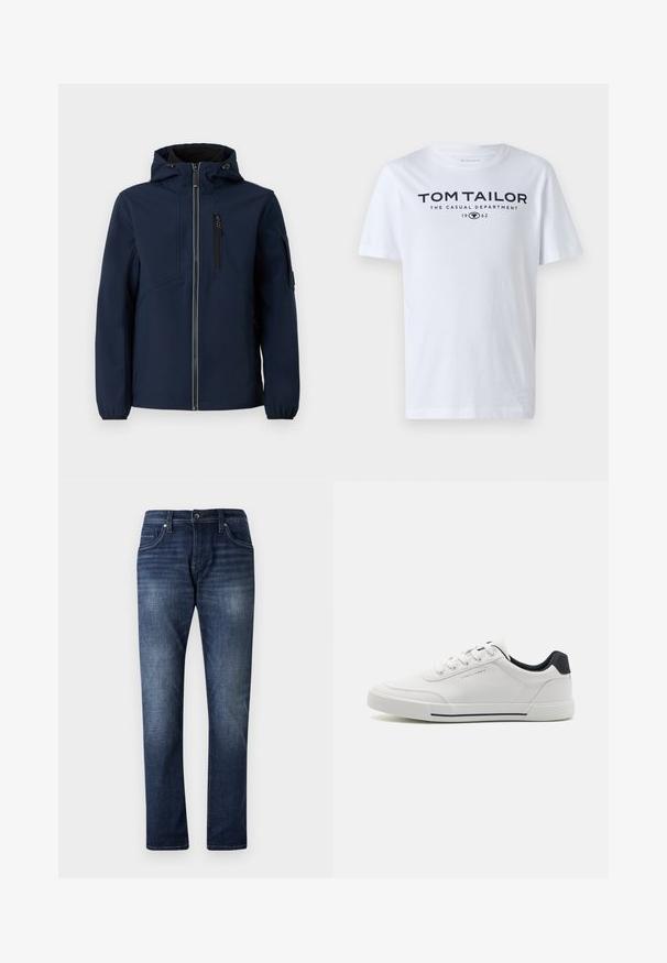 Marineblå softshell-jakke med lynlås foran, justerbar hætte, sidelommer og elastiske manchetter. Glat tekstur med strømlinet design.; Hvid bomulds t-shirt med rund hals, korte ærmer og navy tekst, der læser "TOM TAILOR THE CASUAL DEPARTMENT 1962."; Mørkeblå denimjeans med lige ben design, der har en falmet vask, fem lommer og synlige stikninger langs sømmene.; Hvide sneakers med en glat syntetisk overdel, rund tå, snørebåndsdesign, marineblå accent på hælen og en tekstureret gummisål med en sort stribe.