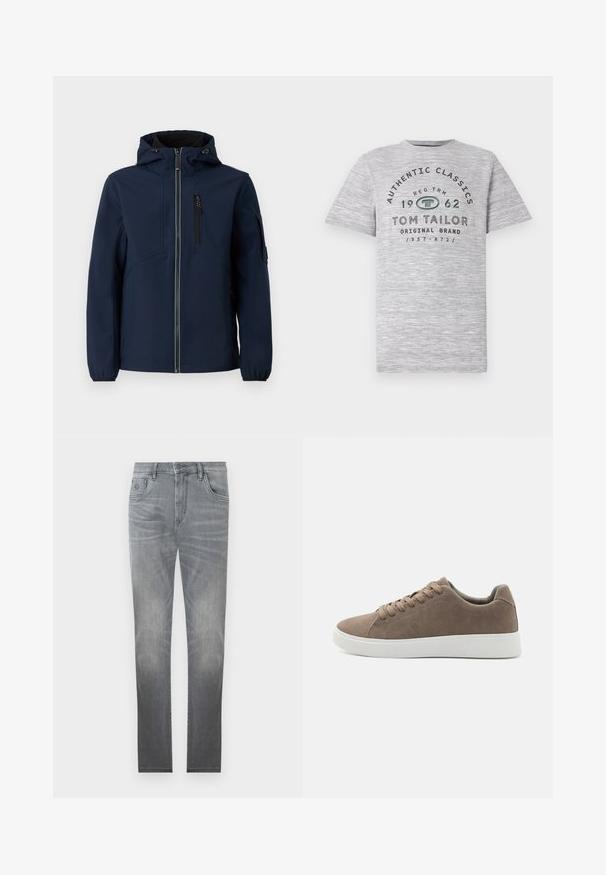 Navyblaue Softshell-Jacke mit Reißverschluss vorne, verstellbarem Kapuzenbereich, seitlichen Taschen und elastischen Bündchen. Glatte Textur mit stromlinienförmigem Design.; Graues Heather-Kurzarmshirt mit dem Aufdruck "Authentic Classics 1962" und "Tom Tailor" in kontrastierenden dunkelgrünen und schwarzen Buchstaben.; Graue Jeans aus Denim mit einem ausgebleichten Design, fünf Taschen, Knopfverschluss und geradem Schnitt. Sanfte Textur mit leichtem Verschleiß an den Kanten.; Braune Wildledersneaker mit flachen weißen Gummisohlen, Schnürdesign, abgerundete Zehen und einer glatten Textur. Minimalistischer Stil mit dezenten Nähdetails.