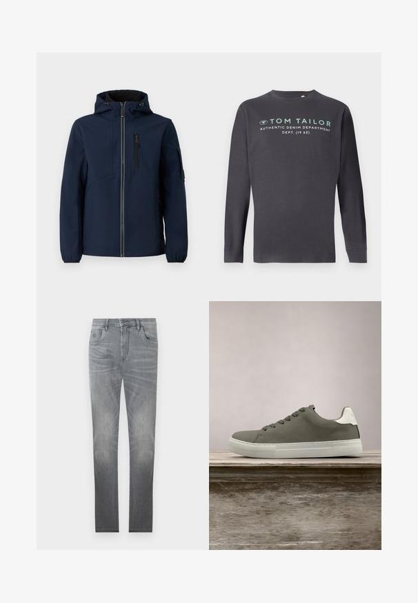 Navyblaue Softshell-Jacke mit Reißverschluss vorne, verstellbarem Kapuzenbereich, seitlichen Taschen und elastischen Bündchen. Glatte Textur mit stromlinienförmigem Design.; TOM TAILOR PRINTED - Langarmshirt - tarmac grey; Graue Jeans aus Denim mit einem ausgebleichten Design, fünf Taschen, Knopfverschluss und geradem Schnitt. Sanfte Textur mit leichtem Verschleiß an den Kanten.; Grauer Sneaker mit glattem Obermaterial, weißen Akzenten und Gummisohle. Verfügt über ein klassisches Schnürdesign und eine strukturierte Zehenkappe.
