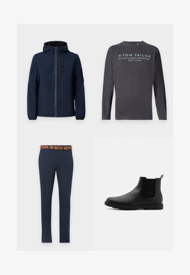 Marineblå softshell-jakke med lynlås foran, justerbar hætte, sidelommer og elastiske manchetter. Glat tekstur med strømlinet design.; TOM TAILOR PRINTED - Langærmet T-shirt - tarmac grey; Mørkeblå chinos lavet af bomuld med en glat tekstur. Har et brunt ruskindsbælte med spænde og lige ben-design.; Sorte læder Chelsea støvle med elastiske sidepaneler, en trækflap og en holdbar gummisål. Glat tekstur og strømlinet design.