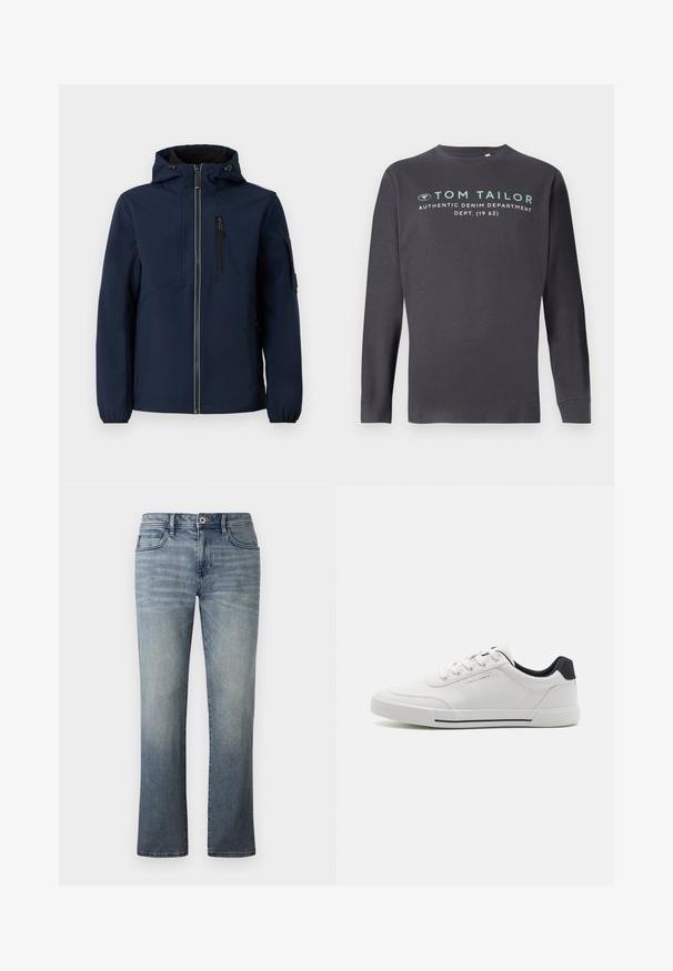 Marineblå softshell-jakke med lynlås foran, justerbar hætte, sidelommer og elastiske manchetter. Glat tekstur med strømlinet design.; TOM TAILOR PRINTED - Langærmet T-shirt - tarmac grey; Lysvasket denimbukser med lige ben, fem-lomme stil, metalknaplukning og subtile falmede detaljer.; Hvide sneakers med en glat syntetisk overdel, rund tå, snørebåndsdesign, marineblå accent på hælen og en tekstureret gummisål med en sort stribe.