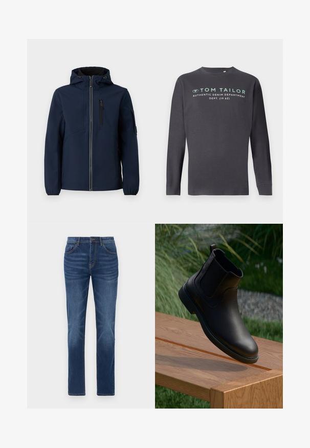 Navyblaue Softshell-Jacke mit Reißverschluss vorne, verstellbarem Kapuzenbereich, seitlichen Taschen und elastischen Bündchen. Glatte Textur mit stromlinienförmigem Design.; TOM TAILOR PRINTED - Langarmshirt - tarmac grey; Dunkelblaue Denim-Jeans mit klassischem gerade geschnittenem Schnitt, Fünf-Taschen-Design und leichtem Verblassen an den Beinen. Mit Knopf- und Reißverschluss.; Schwarzer Leder-Stiefelette mit elastischen Seitenteilen, rundem Zehenbereich und einer strukturierten Gummisohle, schwebt über einem Holztisch.