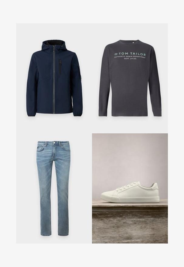 Navyblaue Softshell-Jacke mit Reißverschluss vorne, verstellbarem Kapuzenbereich, seitlichen Taschen und elastischen Bündchen. Glatte Textur mit stromlinienförmigem Design.; TOM TAILOR PRINTED - Langarmshirt - tarmac grey; Helle blaue Jeans mit einem geraden Bein-Design, hergestellt aus Denim. Merkmale umfassen Standardtaschen, Gürtelschlaufen und dezente Verblassung.; Weiße Schnürsneaker, die über einer Holzbank mit grünem Laub im Hintergrund schweben und das Schuhdesign sowie die Textur zeigen.