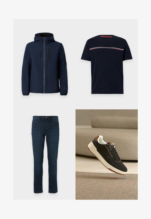 Navyblaue Softshell-Jacke mit Reißverschluss vorne, verstellbarem Kapuzenbereich, seitlichen Taschen und elastischen Bündchen. Glatte Textur mit stromlinienförmigem Design.; Marineblaue Baumwoll-T-Shirt mit kurzen Ärmeln und rundem Halsausschnitt, ausgestattet mit einem weißen und roten horizontalen Streifendesign und dem "TOM TAILOR" Logo.; Dunkelblaue Denim-Jeans mit geradem Bein, fünf Taschen, einem Knopfverschluss und dezentem Verblassen an der Vorderseite.; Schwarzer und brauner Low-Top-Sneaker mit weißer Sohle und Schnürsenkeln, der über einem beigen Teppichboden in einem Raum mit neutralen Farbtönen schwebt.