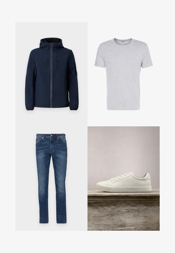 Marineblauwe softshell jacket met een rits aan de voorkant, verstelbare capuchon, zijzakken en elastische manchetten. Gladde textuur met een gestroomlijnd ontwerp.; Grijze katoenen t-shirt met een ronde hals, korte mouwen en een eenvoudige uitstraling, met een zachte, gladde textuur en zonder zichtbare patronen of versieringen.; Donkerblauwe denim jeans met een rechte pijp, vijf zakken, subtiele vervaging, contrasterende stiksels en een knoopsluiting in de taille.; Witte vetersneaker die boven een houten bank zweeft met groene bladeren op de achtergrond, waarbij het ontwerp en de textuur van de schoen worden getoond.