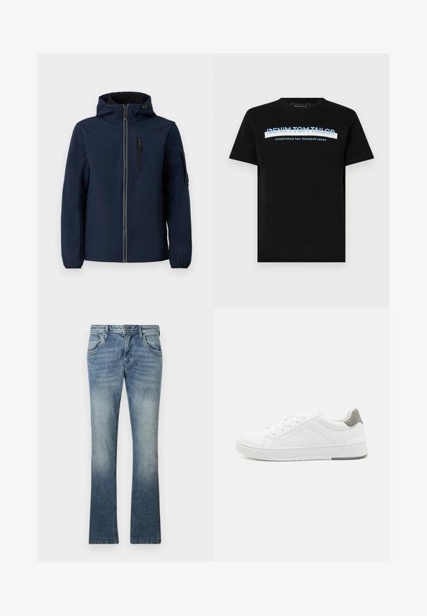 Navyblaue Softshell-Jacke mit Reißverschluss vorne, verstellbarem Kapuzenbereich, seitlichen Taschen und elastischen Bündchen. Glatte Textur mit stromlinienförmigem Design.; Schwarzes Baumwoll-T-Shirt mit rundem Halsausschnitt, versehen mit blauen und weißen Text: "DENIM TOM TAILOR gegründet zweitausendsieben."; Helleblaue Bootcut-Jeans aus Denim mit einem Farbverlauf, Fünf-Taschen-Design, Metallknopfverschluss und sichtbarem Stich entlang der Nähte.; Weißer Sneaker aus glattem Leder, runde Zehenpartie, minimalistisches Design, graue Fersenkante und strukturierte Gummisohle.