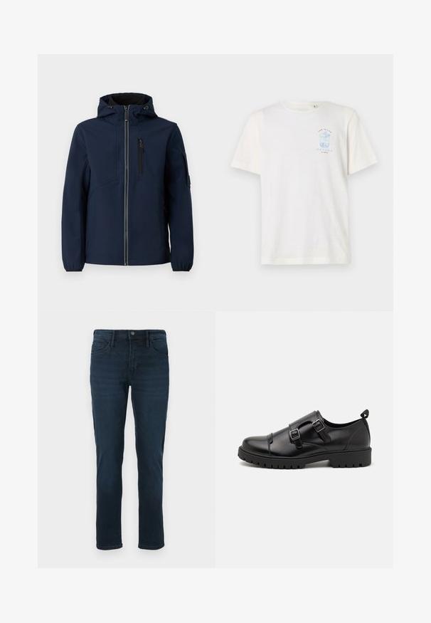 Navyblaue Softshell-Jacke mit Reißverschluss vorne, verstellbarem Kapuzenbereich, seitlichen Taschen und elastischen Bündchen. Glatte Textur mit stromlinienförmigem Design.; Weißes Baumwoll-T-Shirt mit hellblauer Grafik eines Getränks und floralen Akzenten auf der linken Brustseite, kurzen Ärmeln und Rundhalsausschnitt.; Dunkelblaue Denim-Jeans mit geradem Bein, fünf Taschen, einem Knopfverschluss und dezentem Verblassen an der Vorderseite.; Pier One Business-Slipper - black