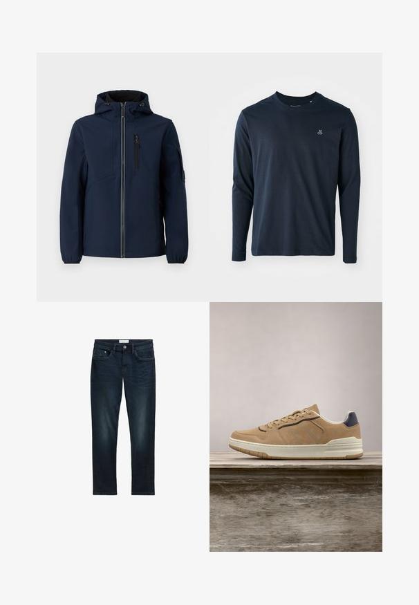 Marineblå softshell-jakke med lynlås foran, justerbar hætte, sidelommer og elastiske manchetter. Glat tekstur med strømlinet design.; Langærmet navy blå T-shirt lavet af blødt bomuld, med rund halsudskæring og et lille hvidt logo på venstre bryst.; Mørkeblå denim jeans med slim fit, der har fem lommer, knaplukning og diskret falmning foran for tekstur.; Beige ruskinds sneakers med hvid gummisål, featuring beige snørebånd, navy-blue accenter og perforerede detaljer på tåboksen.