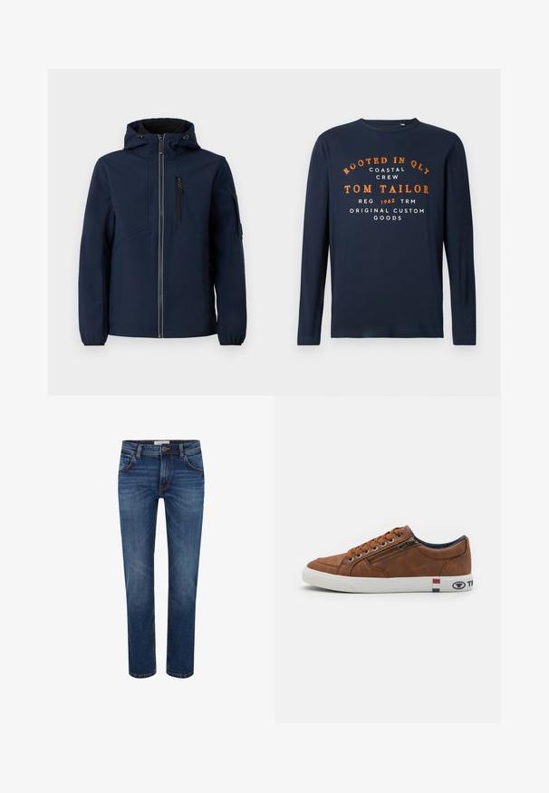 Chaqueta softshell azul marino con cierre frontal de cremallera, capucha ajustable, bolsillos laterales y puños elásticos. Textura suave con un diseño aerodinámico.; Camiseta de manga larga azul marino con cuello redondo y texto en naranja y blanco: "ENRAIZADO EN QLY COSTAL CREW TOM TAILOR 1962 BIENES PERSONALIZADOS ORIGINALES."; Vaqueros de mezclilla en azul oscuro con un diseño de pierna recta, estilo de cinco bolsillos y costura en contraste. Cintura estándar con cierre de botón.; Zapatilla de cuero marrón con suela de goma blanca, cordones en la parte delantera, cremallera lateral y acentos de logo en rojo, blanco y azul en el talón.