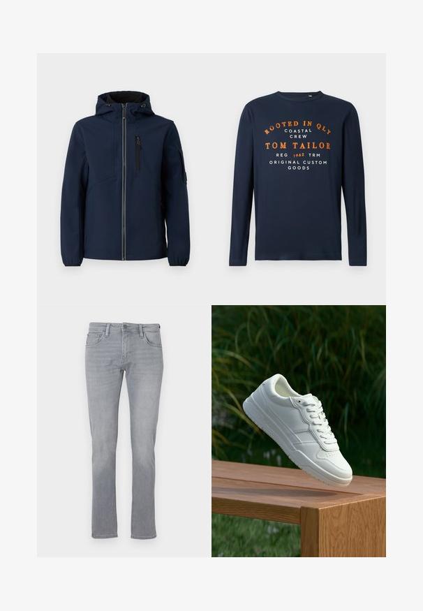 Marineblå softshell-jakke med lynlås foran, justerbar hætte, sidelommer og elastiske manchetter. Glat tekstur med strømlinet design.; Marineblå langærmet t-shirt med rund hals og orange og hvid tekst: "ROOTED IN QLY COASTAL CREW TOM TAILOR 1962 ORIGINAL CUSTOM GOODS."; Grå denim jeans med lige ben, der har en frontknap og lynlås lukning, fem lommer og subtil falming over det hele.; Hvide lædersneakers med en glat overflade, prydet med perforeret design, klassisk snørering og gummisål, placeret over en træoverflade.