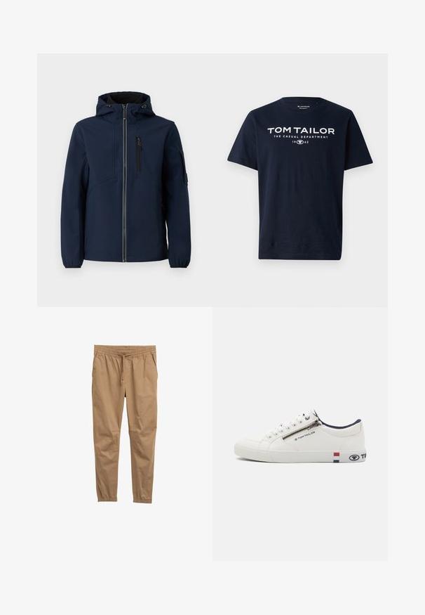 Marineblå softshell-jakke med lynlås foran, justerbar hætte, sidelommer og elastiske manchetter. Glat tekstur med strømlinet design.; Marineblå bomulds T-shirt med fed hvid tekst: "TOM TAILOR THE CASUAL DEPARTMENT 1962." Kortærmet og rund halsudskæring.; Brune bomuldsblandede bukser med elastisk talje, justerbar snøre og tapered manchetter. Glat tekstur, ingen synlige mønstre eller metaldele.; Hvid sneaker med overdel i læder, rund tå og kontrasterende marineblå detaljer ved kraven. Har en lynlåslukning og logoakcenter på siderne.