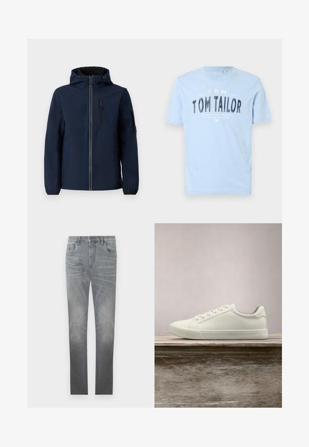 Veste softshell bleu marine avec fermeture éclair sur le devant, capuche réglable, poches latérales et poignets élastiques. Texture lisse avec un design épuré.; T-shirt en coton bleu clair avec un col rond et des manches courtes. Il comporte un texte imprimé noir en gras : "TOM TAILOR" ainsi que des détails de marque supplémentaires.; Jeans en denim gris avec un design délavé, style à cinq poches, fermeture à bouton et coupe droite. Texture lisse avec un léger vieillissement sur les bords.; Sneaker en dentelle blanche flottant au-dessus d'un banc en bois avec un feuillage vert en arrière-plan, mettant en valeur le design et la texture de la chaussure.