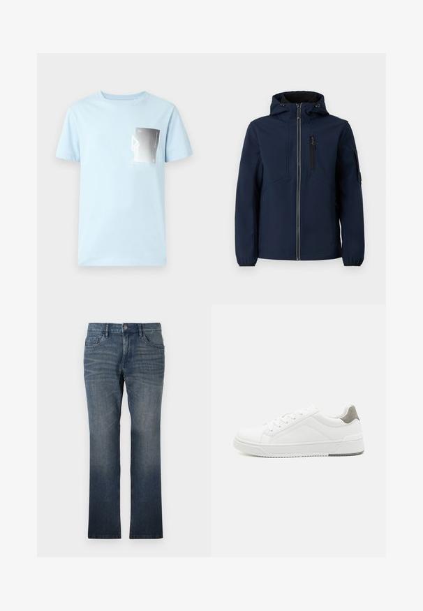Marineblå softshell-jakke med lynlås foran, justerbar hætte, sidelommer og elastiske manchetter. Glat tekstur med strømlinet design.; Lyseblå bomulds t-shirt med korte ærmer og rund halsudskæring. Har et rektangulært grafisk print i sort og hvidt på venstre bryst.; TOM TAILOR MARVIN - Jeans Straight Leg - dark stone wash denim; Hvid sneaker lavet af glat læder, rund tå, minimalistisk design, grå hælafsats og tekstureret gummisål.