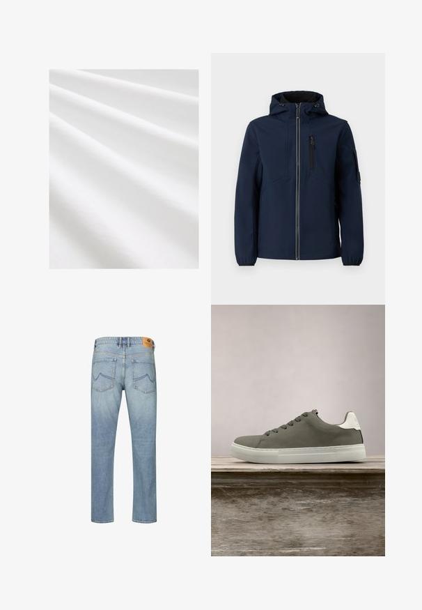 Marineblauwe softshell jacket met een rits aan de voorkant, verstelbare capuchon, zijzakken en elastische manchetten. Gladde textuur met een gestroomlijnd ontwerp.; Katoenen stof, witte kleur, zachte textuur met subtiele vouwen en plooien. Gelijke oppervlakte, licht reflecterend, zonder patronen of accenten.; Lichtblauwe denim jeans met een rechte snit, twee achterzakken met gebogen naden en een leren merkpatch op de taille.; Grijze sneaker met een glad bovenwerk, witte accenten en een rubberen zool. Heeft een klassiek vetersysteem en een getextureerde neuskap.