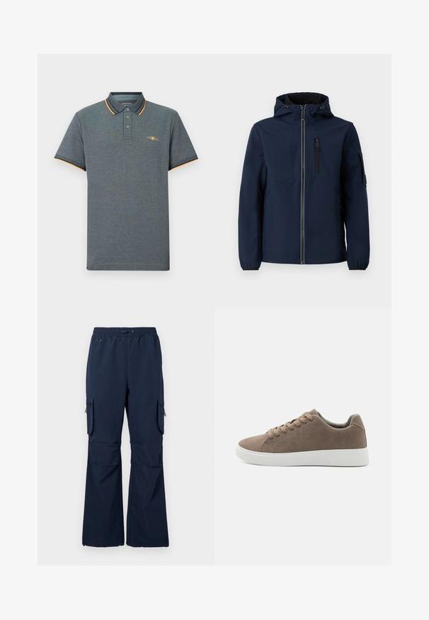 Marineblå softshell-jakke med lynlås foran, justerbar hætte, sidelommer og elastiske manchetter. Glat tekstur med strømlinet design.; Grå polo shirt med et tekstureret stof, der har en tre-knaps placket, lyseblå og orange kraveaccenter samt et lille logo på brystet.; Marine cargo bukser lavet af letvægtsstof med snoretræk i taljen, to sidelommer og lynlås cargo lommer på begge ben.; Brune ruskinds sneakers med flade hvide gummisåler, snørelukning, rund tå og en glat overflade. Minimalistisk stil med diskrete syninger.