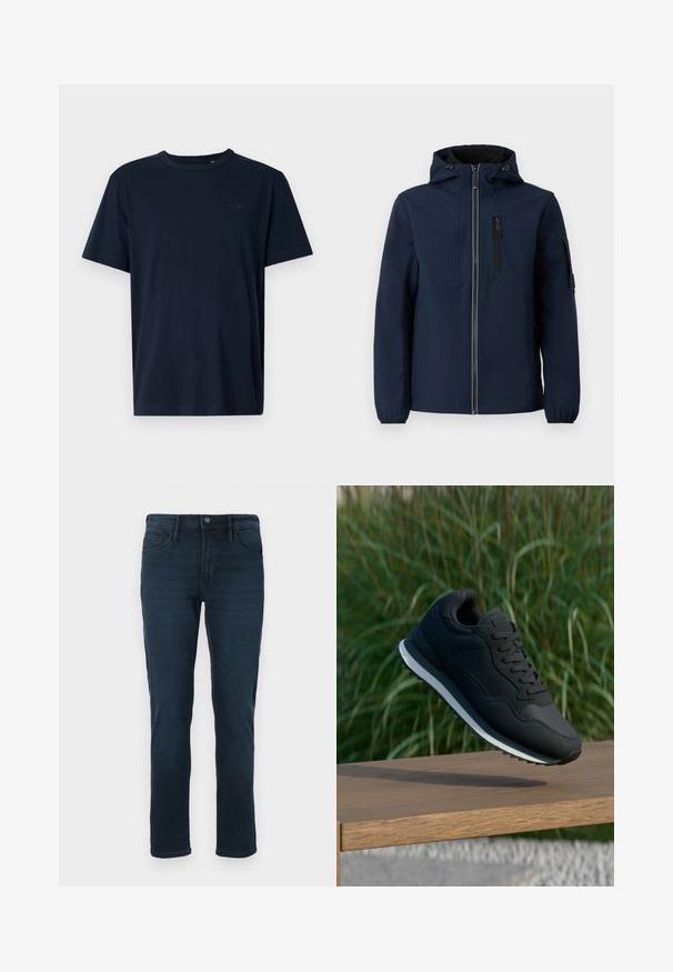 Navyblaue Softshell-Jacke mit Reißverschluss vorne, verstellbarem Kapuzenbereich, seitlichen Taschen und elastischen Bündchen. Glatte Textur mit stromlinienförmigem Design.; Marineblaue Kurzarm-T-Shirt aus weichem Stoff mit Rundhalsausschnitt, mit einem kleinen Logo und dem Jahr "1962" auf der Brust bedruckt.; Dunkelblaue Denim-Jeans mit geradem Bein, fünf Taschen, einem Knopfverschluss und dezentem Verblassen an der Vorderseite.; Schwarzer Sportschuh mit strukturiertem Obermaterial, Schnürdesign und kontrastierender weißer Mittelsohle; in der Luft über einer Holzoberfläche schwebend.