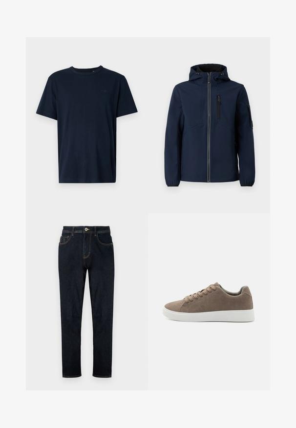 Chaqueta softshell azul marino con cierre frontal de cremallera, capucha ajustable, bolsillos laterales y puños elásticos. Textura suave con un diseño aerodinámico.; Camiseta de manga corta azul marino hecha de tela suave, con cuello redondo, con un pequeño logo y el año "1962" impreso en el pecho.; TOM TAILOR TTJOSH REGULAR SLIM FIT - Vaqueros slim fit - rinsed blue denim; Zapatillas de ante marrón con suelas de goma blanca planas, diseño de cordones, punta redondeada y una textura suave. Estilo minimalista con sutiles detalles de costura.