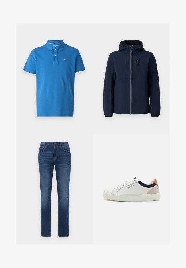 Marineblå softshell-jakke med lynlås foran, justerbar hætte, sidelommer og elastiske manchetter. Glat tekstur med strømlinet design.; Blå polo skjorte lavet af bomuld, med krave, to-knaps lukning, korte ærmer og et lille logo på brystet.; Mørkeblå denimjeans med en klassisk lige pasform, fem-lomme design og let falmede detaljer på benene. Har knap- og lynlåslukning.; Hvide lædersneakers med low-top design, marineblå stofdetalje på kraven og en lys lyserød suede hælflap. Gummisål.